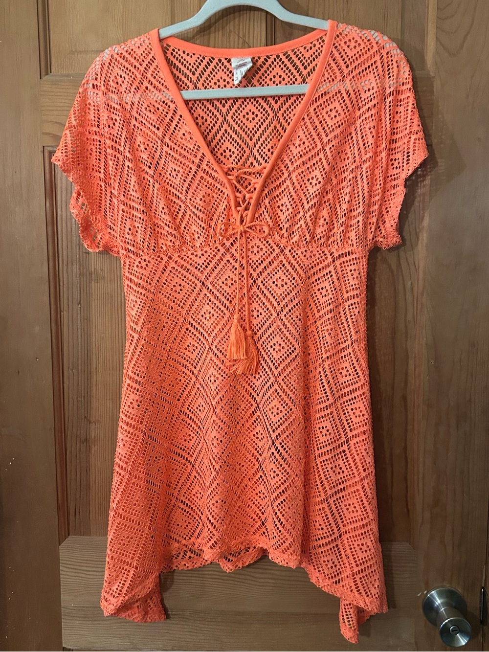 OP Orange Crochet Swim Cover-Up Tunic with Tassel Tie